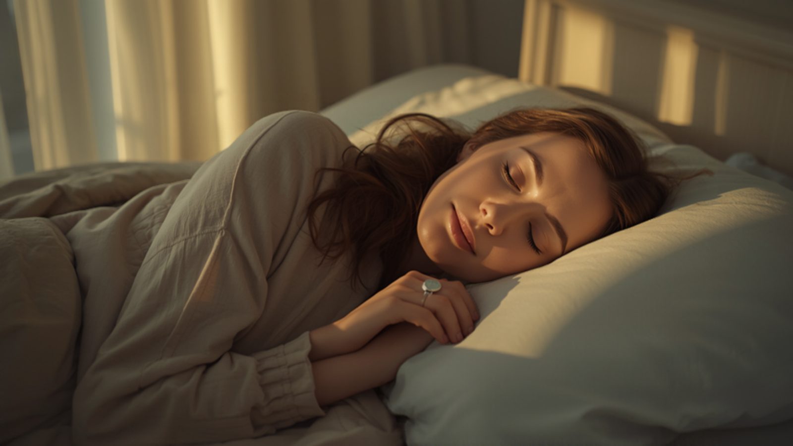 A woman wearing a smart ring sleeps on her side in a softly lit bedroom as warm morning light comes through sheer curtains
